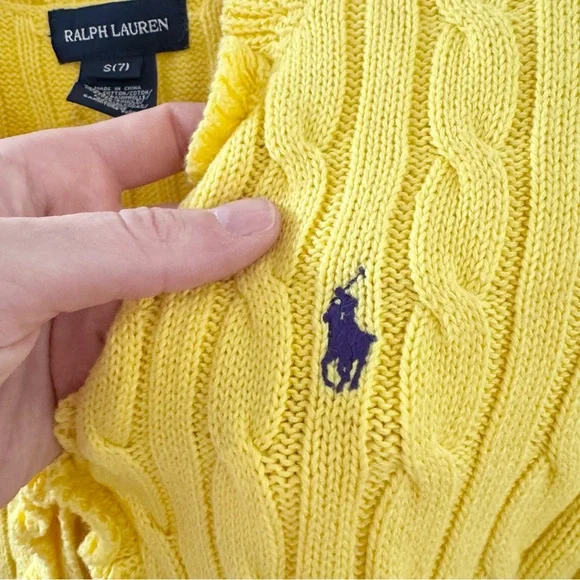 Ralph Lauren Bright Yellow 💛 Knit Sweater with Ruffled Trim & Purple Logo – SM - Picture 2 of 6